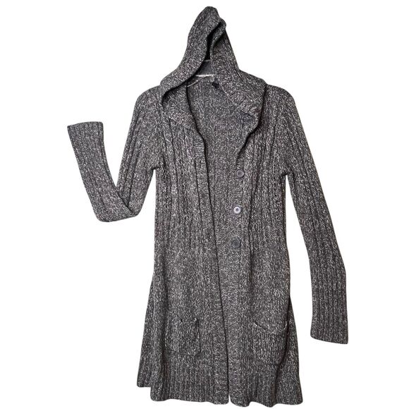 It's Our Time Sweater Womens Medium Gray Hooded Cable Knit Cardigan Button Front - Picture 2 of 12